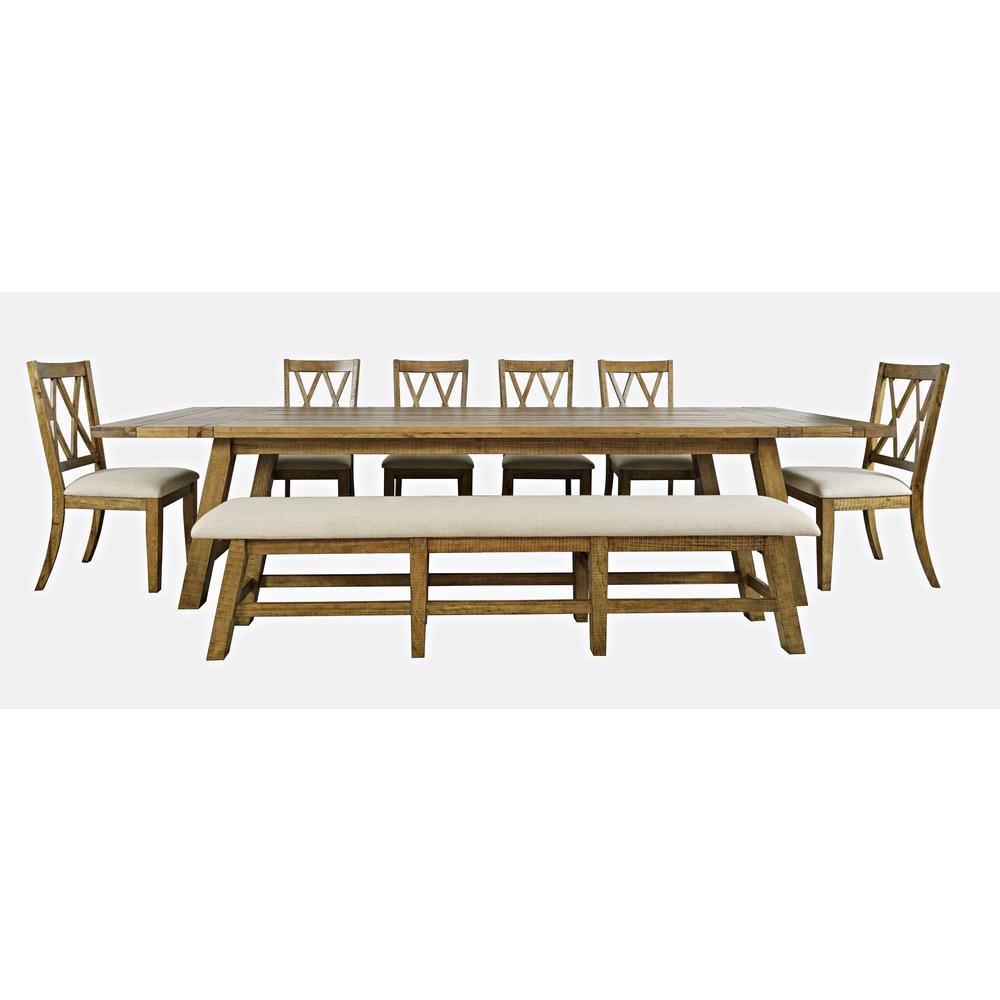 Eight Piece Rustic Distressed Pine 127" Extendable Dining Set with Bench. Picture 1