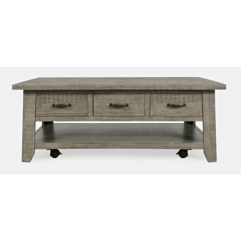 Distressed Acacia 50" Coffee Table with Caster Wheels and Pull-Through Drawers. Picture 1
