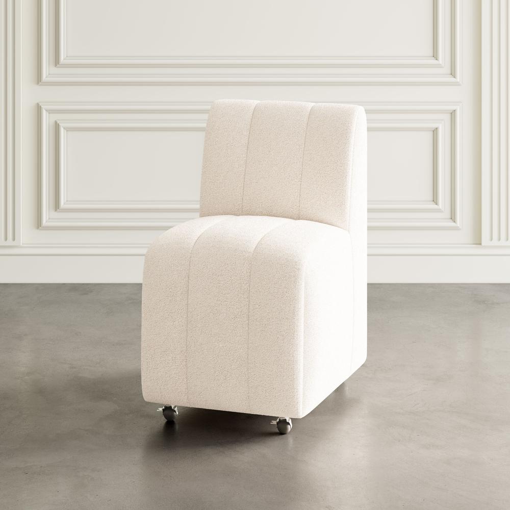 Contemporary Modern Ivory Boucle Upholstered Dining Chair with Wheels (Set of 2). Picture 12