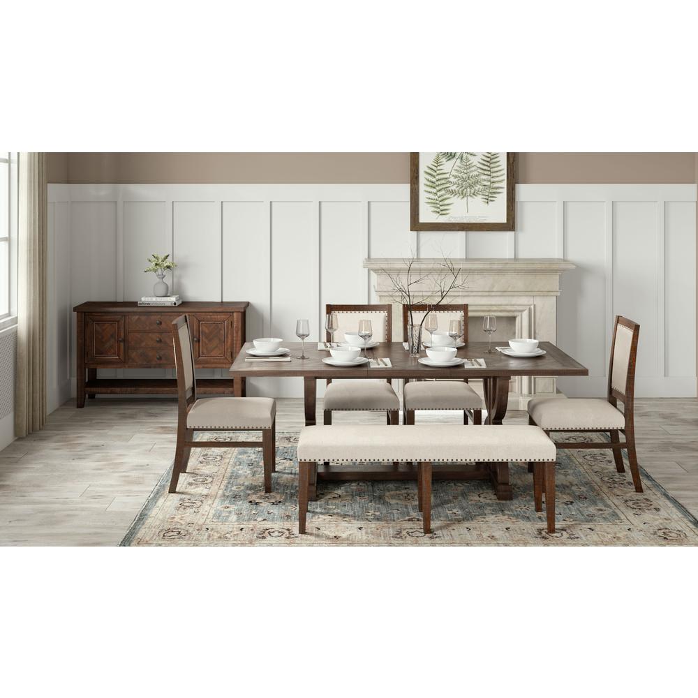 Distressed 78" Six-Piece Upholstered Counter Height Dining Set with Bench. Picture 1
