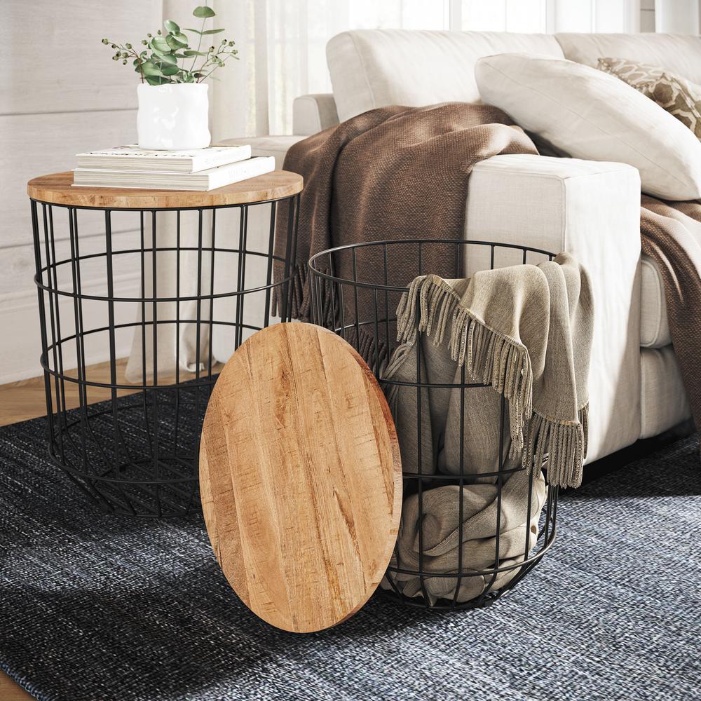 Nested Storage Solid Wood and Metal Basket End Tables (Set of 2). Picture 8