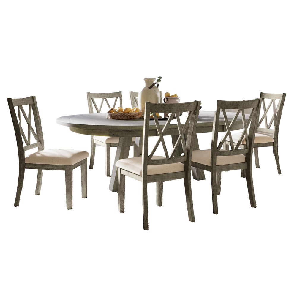 Rustic Farmhouse Seven Piece Dining Table Set with Cross Back Chairs. Picture 1