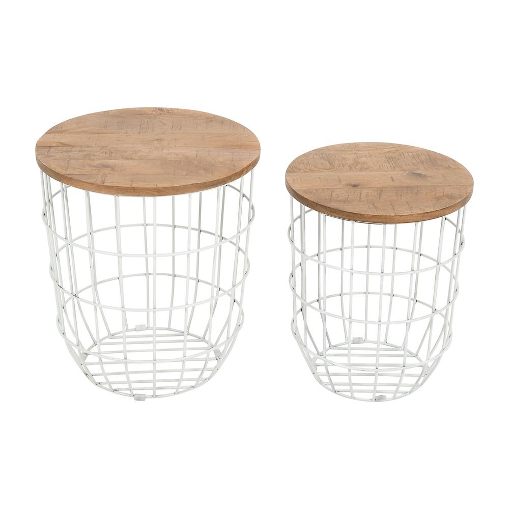 Nested Storage Solid Wood and Metal Basket End Tables (Set of 2). Picture 1