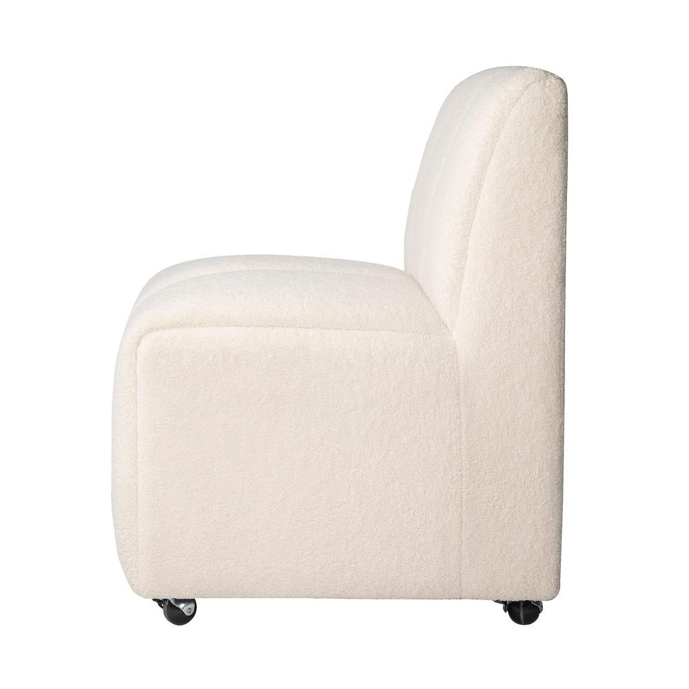 Contemporary Modern Ivory Boucle Upholstered Dining Chair with Wheels (Set of 2). Picture 5