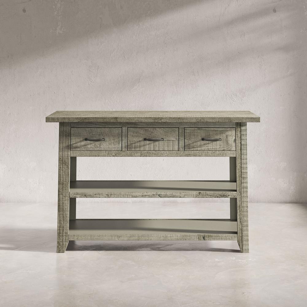 Rustic Distressed Acacia 50" Sofa Table with Drawers and Two Shelves. Picture 9