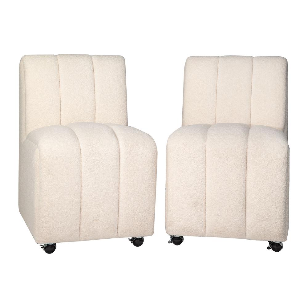 Contemporary Modern Ivory Boucle Upholstered Dining Chair with Wheels (Set of 2). Picture 6