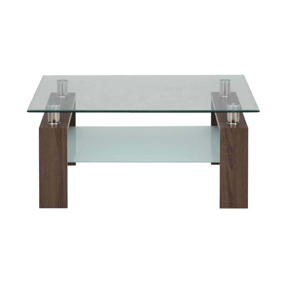 Compass Clear Modern Glass Square 38" Coffee Table, Brown Wood and Glass. Picture 1