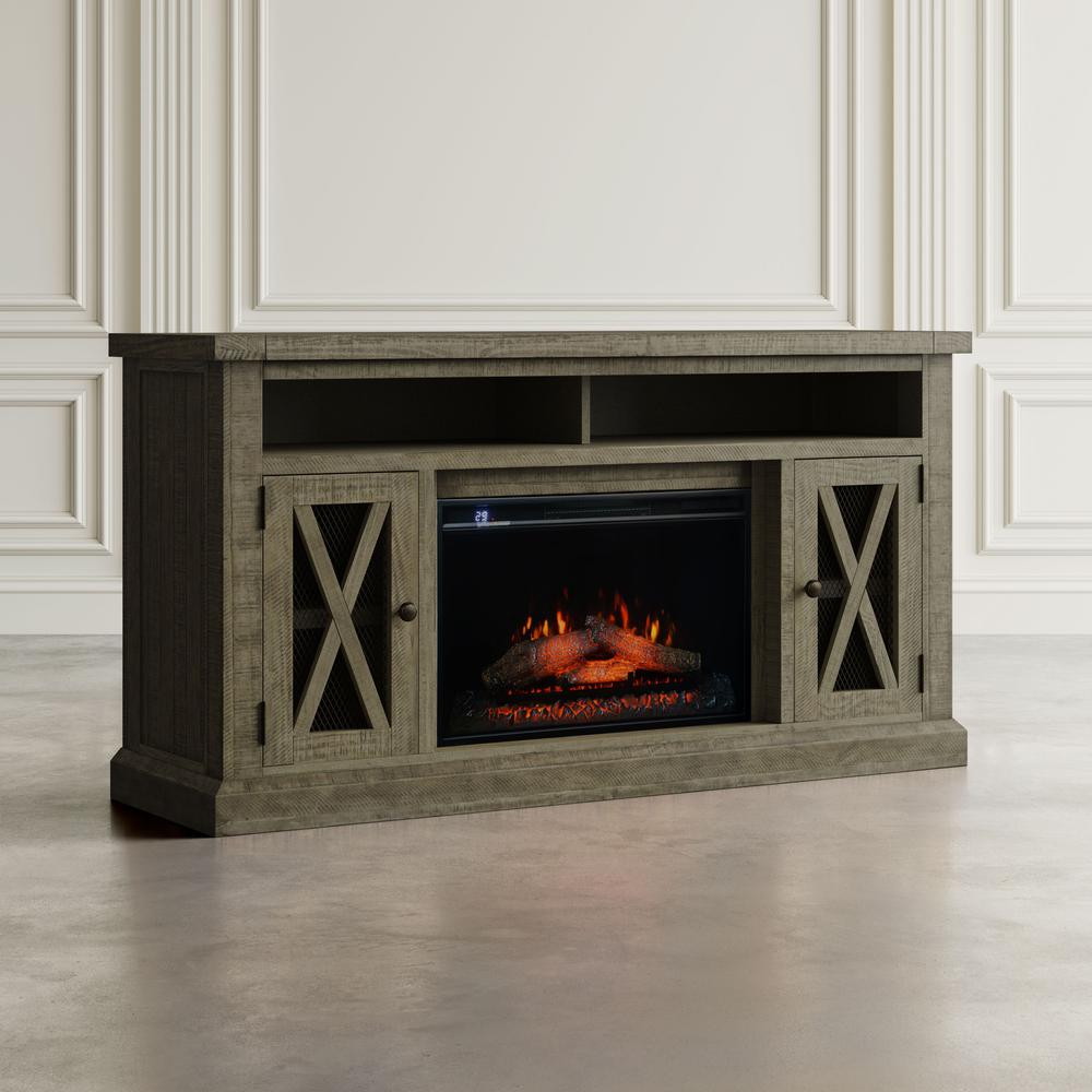 Telluride Rustic Solid Pine 60" Storage Console TV Stand with Electric Fireplace. Picture 10