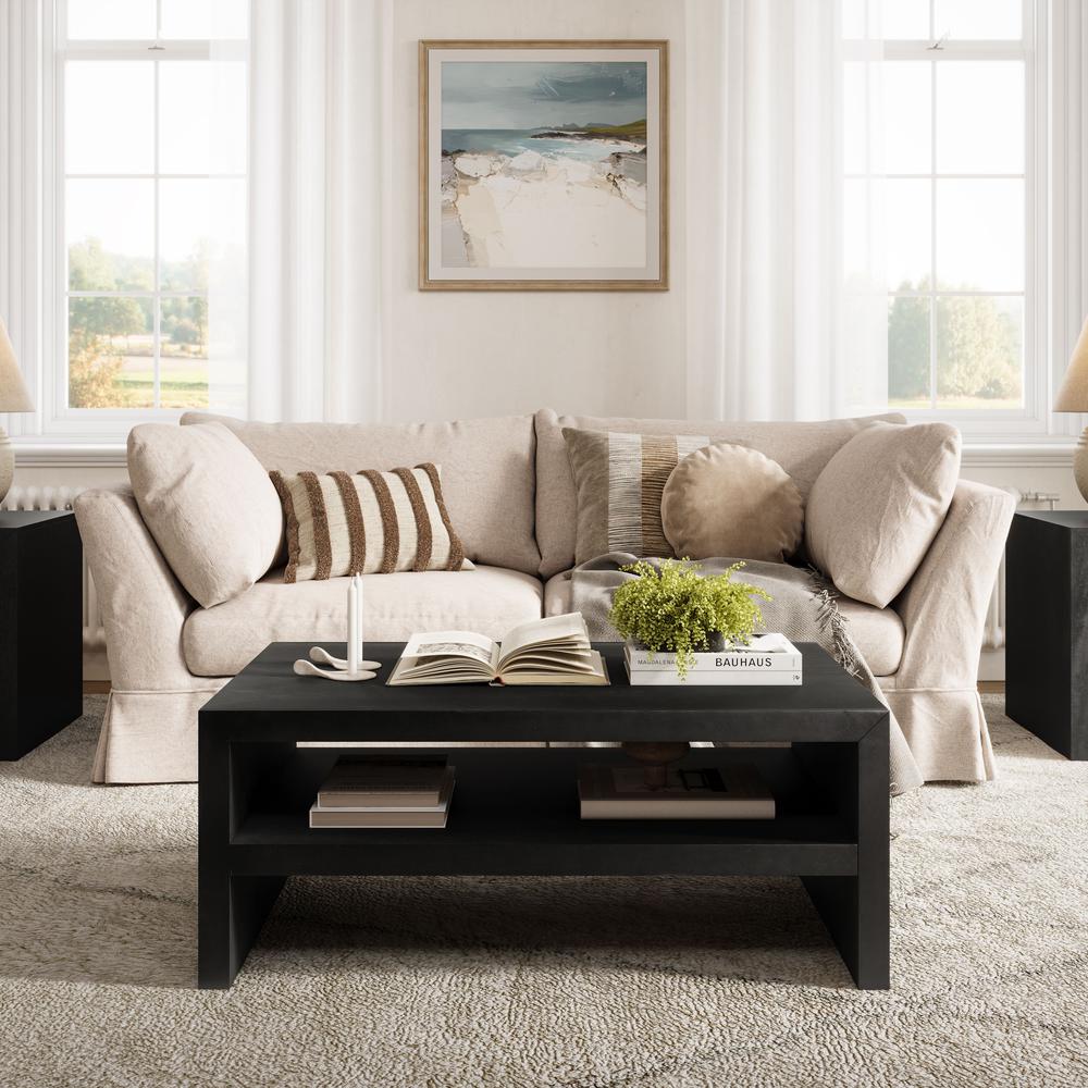 Dev Modern 44 Inch Mitered Angle Solid Wood Coffee Table with Storage Shelf. Picture 7