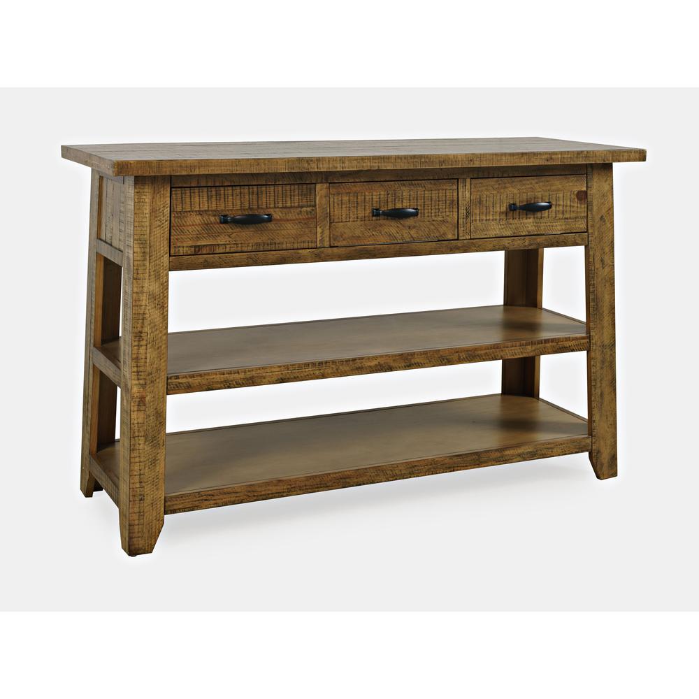 Rustic Distressed Acacia 50" Sofa Table with Drawers and Two Shelves. Picture 2