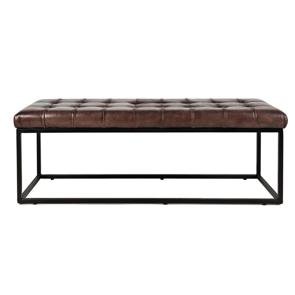 Global Archive 50" Genuine Distressed Leather Mid-Century Modern Ottoman Bench. Picture 1