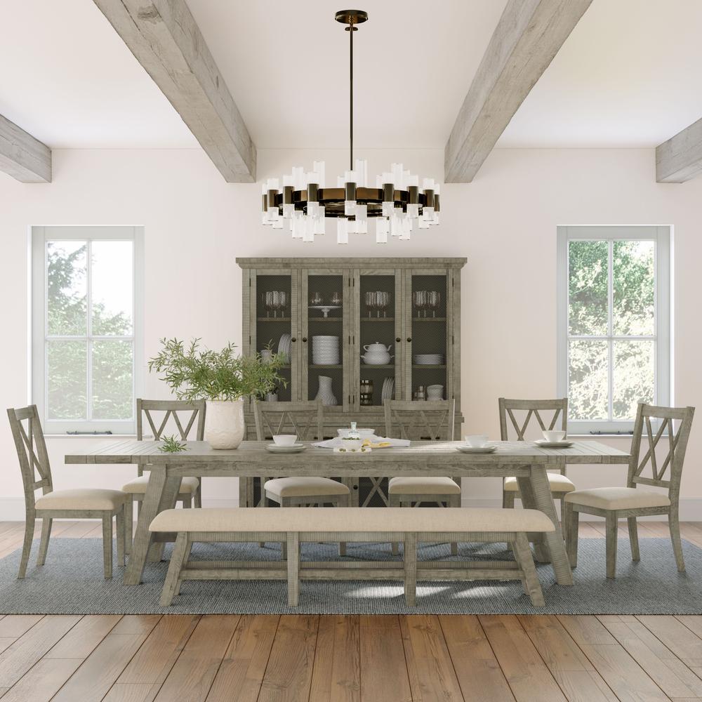 Eight Piece Rustic Distressed Pine 127" Extendable Dining Set with Bench. Picture 11