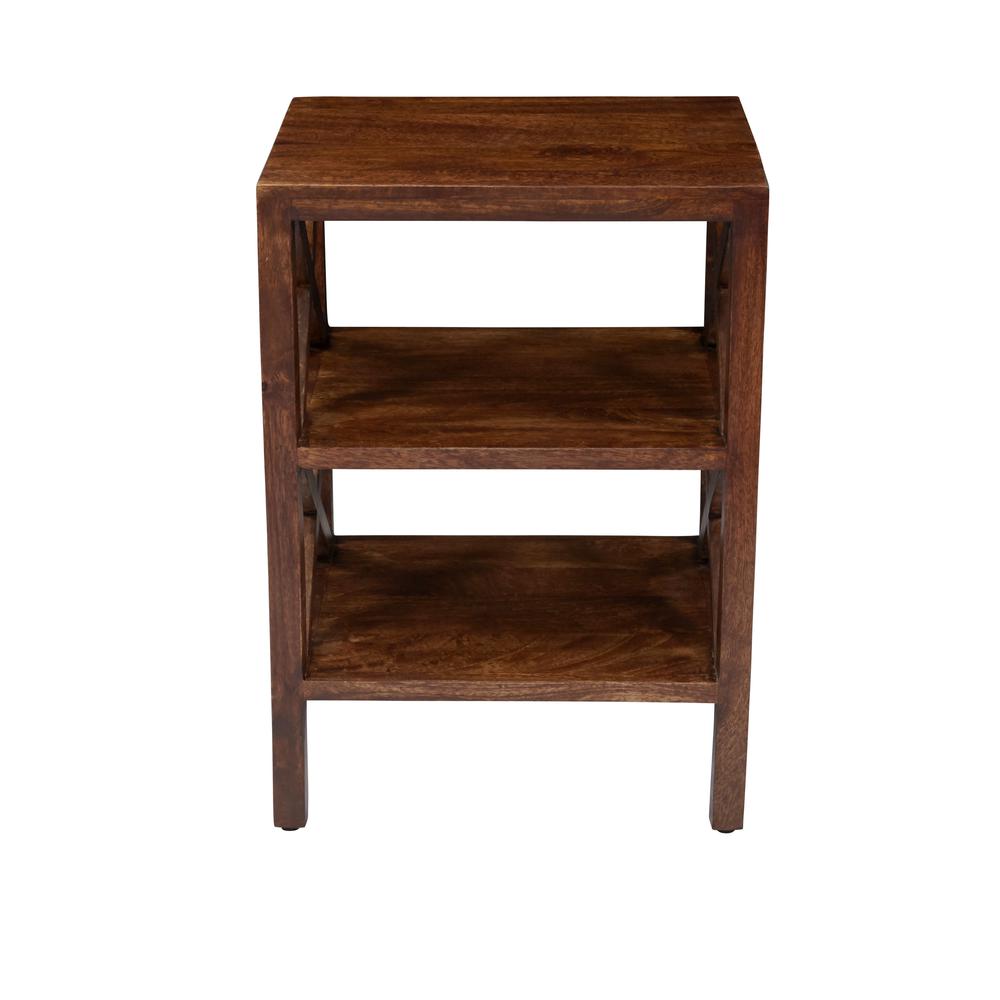 Solid Wood Rustic Modern X-Side Accent Table with Two Shelves. The main picture.