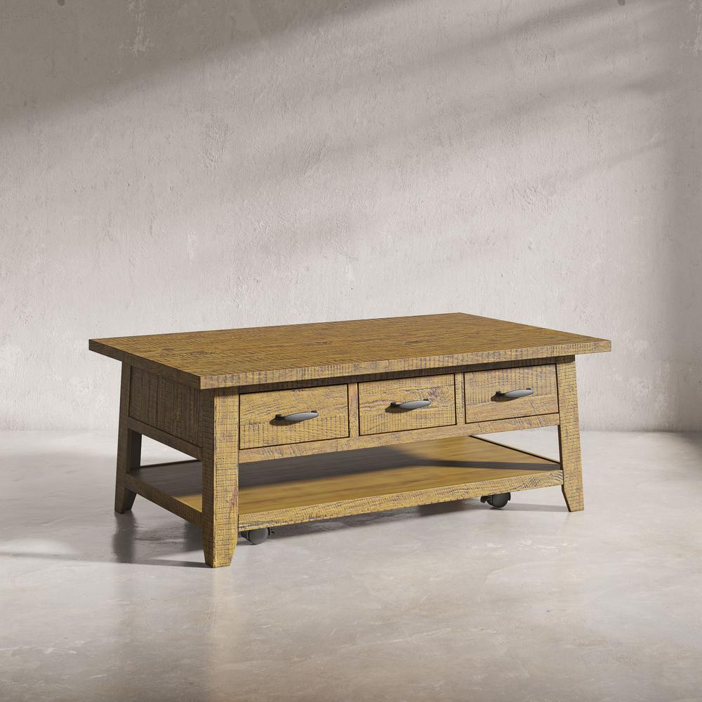 Distressed Acacia 50" Coffee Table with Caster Wheels and Pull-Through Drawers. Picture 2