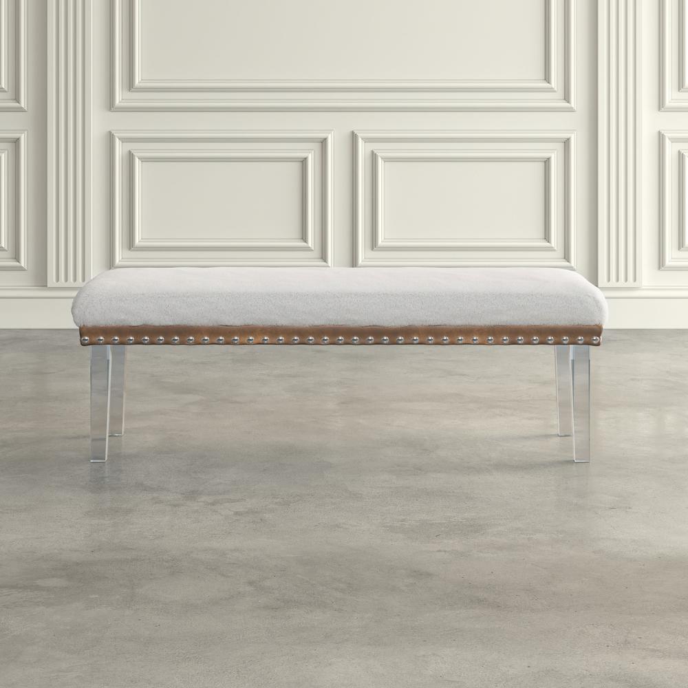a  Modern Luxury Faux Fur Upholstered Bench with Clear Acrylic Legs. Picture 8