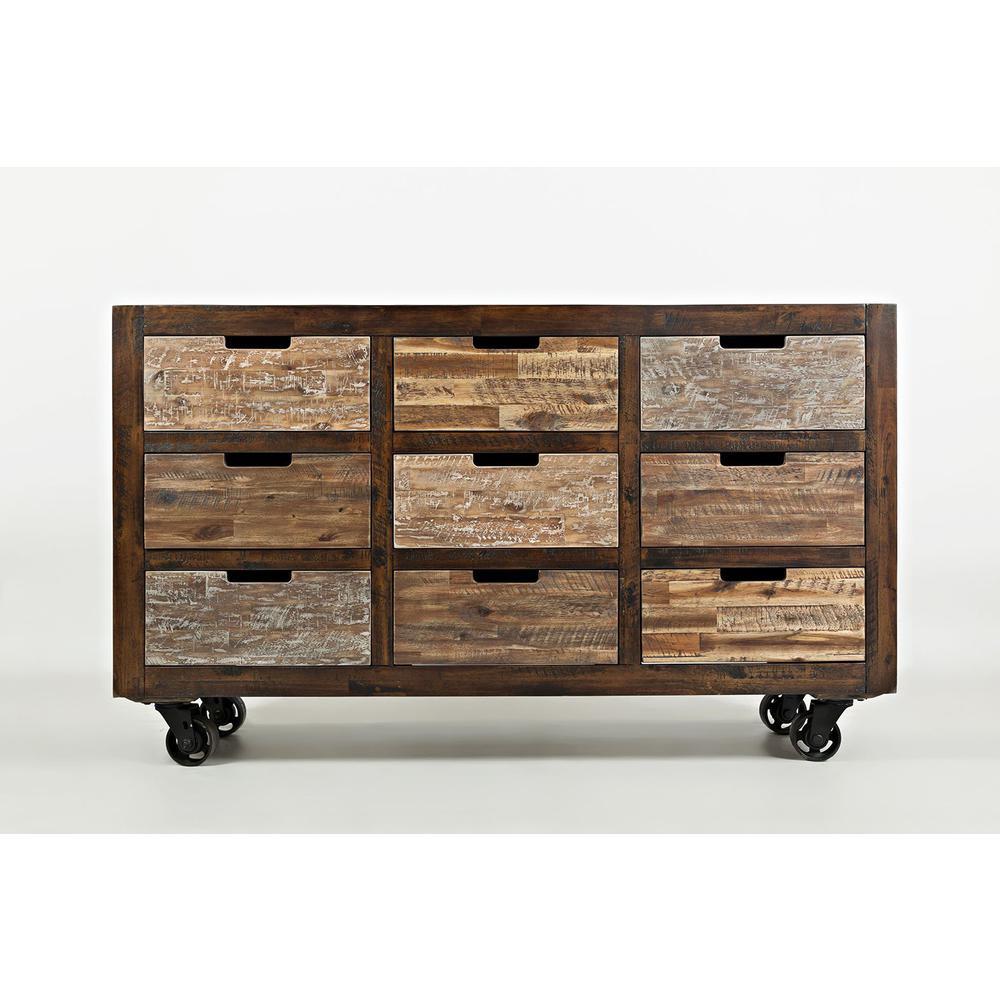 Rustic Solid Acacia 9 Drawer Accent Chest with Caster Wheels. Picture 1