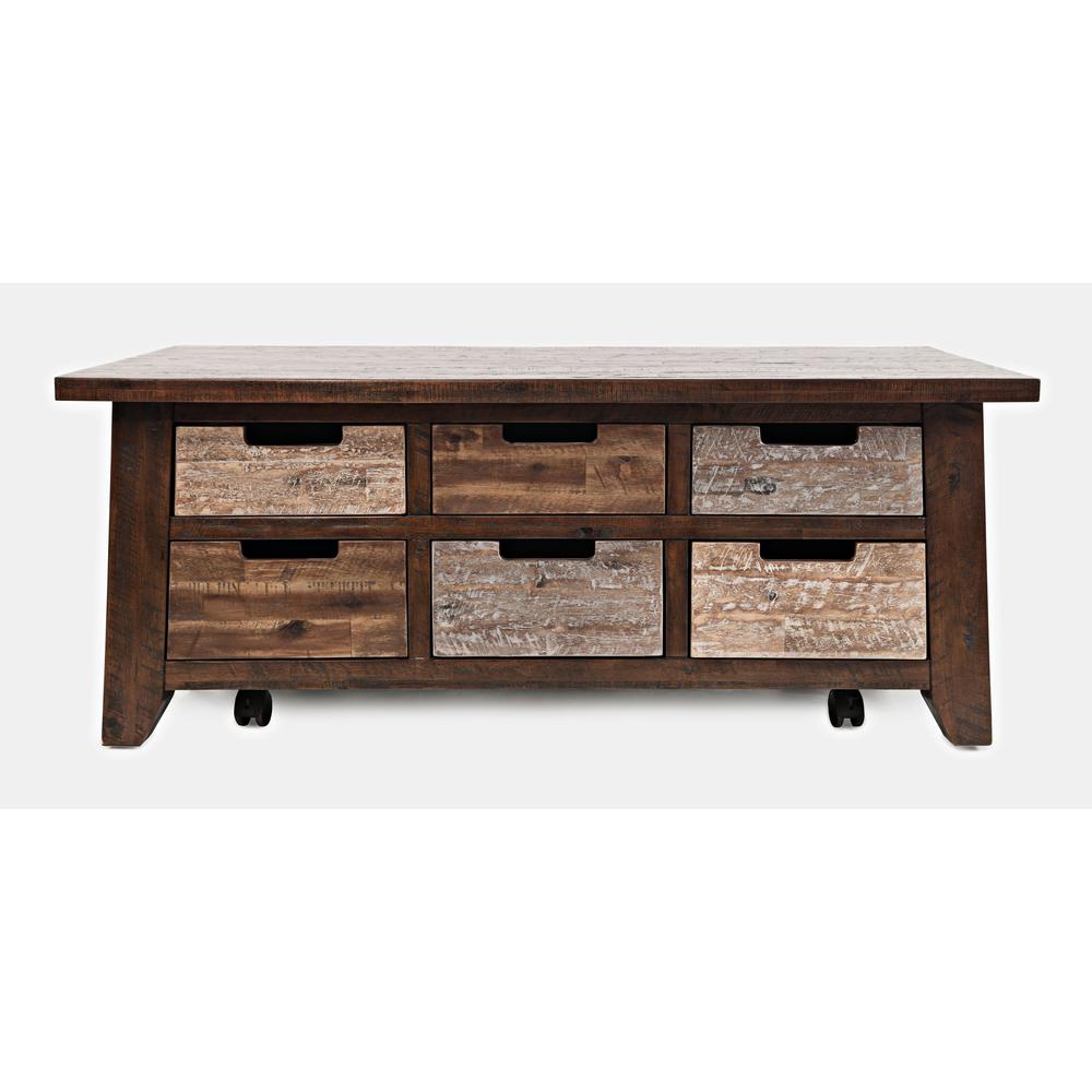 Rustic Solid Acacia Box Coffee Table with Pull-Through Drawers and Caster Wheels. Picture 1
