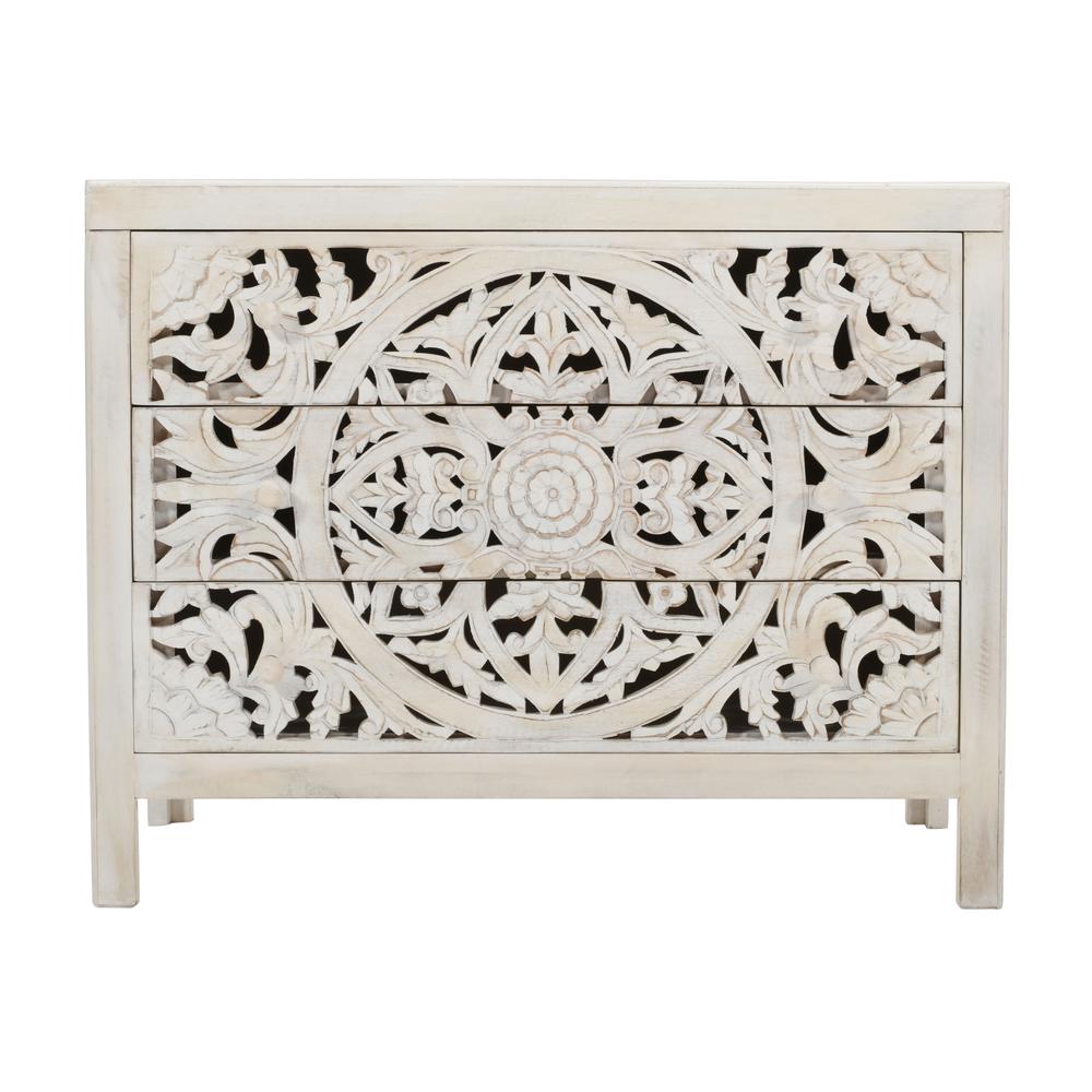 Jolie Rustic Solid Wood Global Boho Hand Carved Accent Chest with Three Drawers. Picture 1