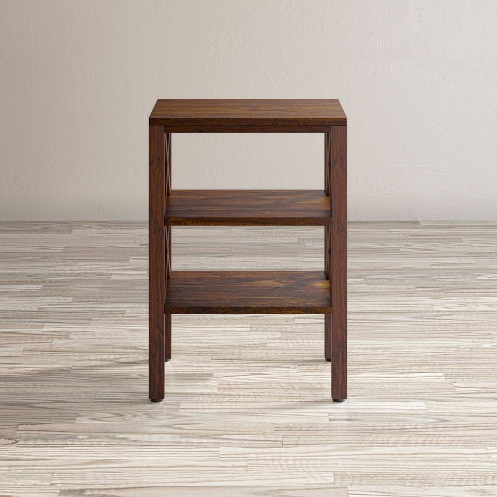Solid Wood Rustic Modern X-Side Accent Table with Two Shelves. Picture 7