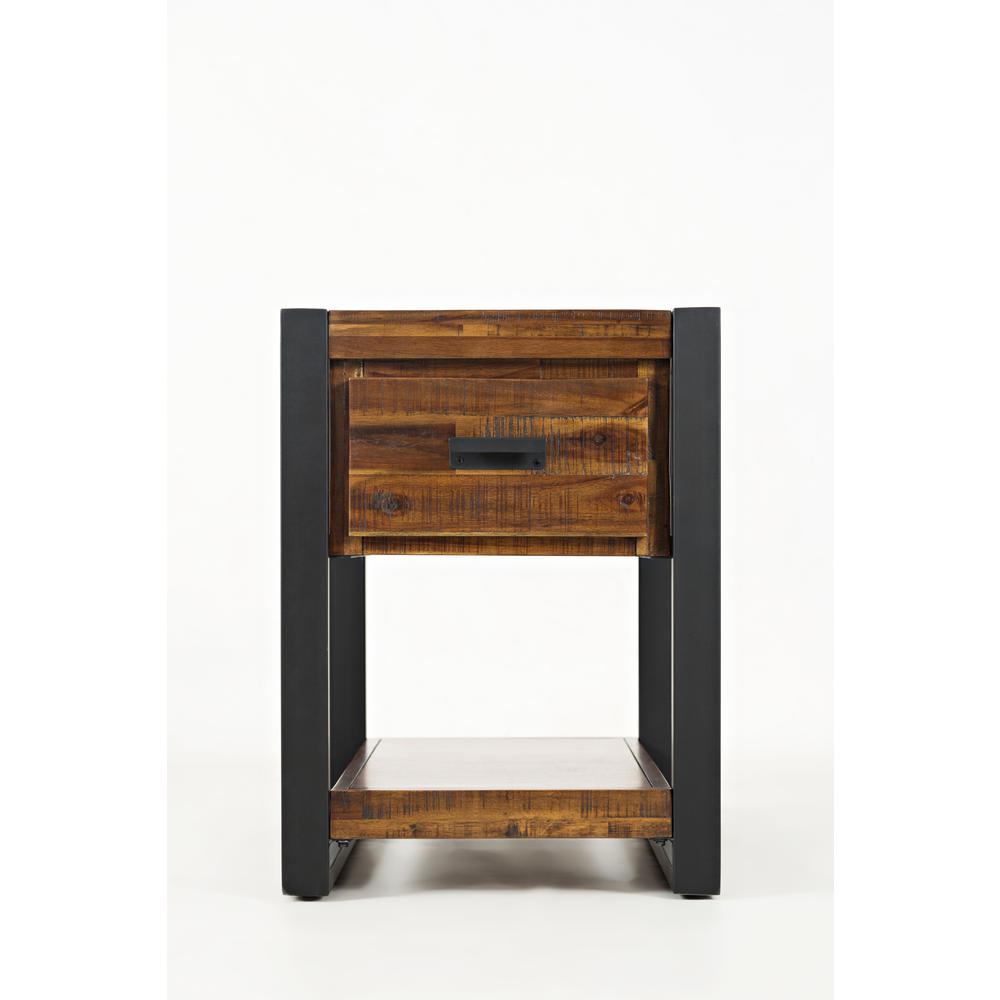 Modern Industrial Distressed Acacia Chairside Table with Drawer. Picture 1