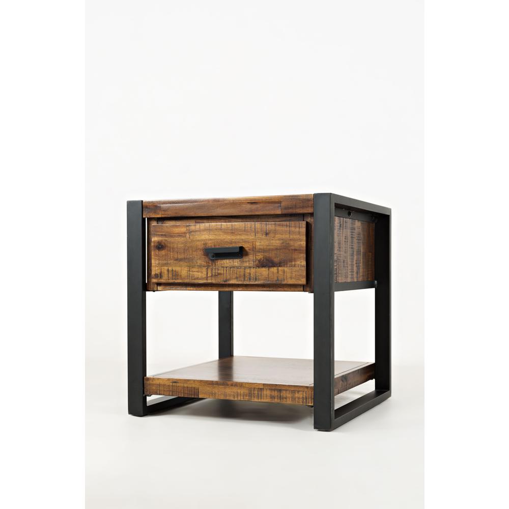 Modern Industrial Distressed Acacia End Table with Drawer. Picture 2