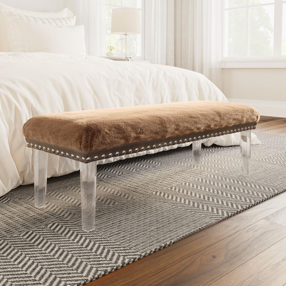a  Modern Luxury Faux Fur Upholstered Bench with Clear Acrylic Legs. Picture 7