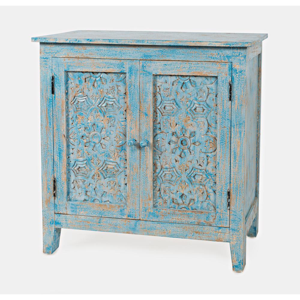 Global Archive Hand Carved 32" Accent Chest, Distressed Blue. Picture 2
