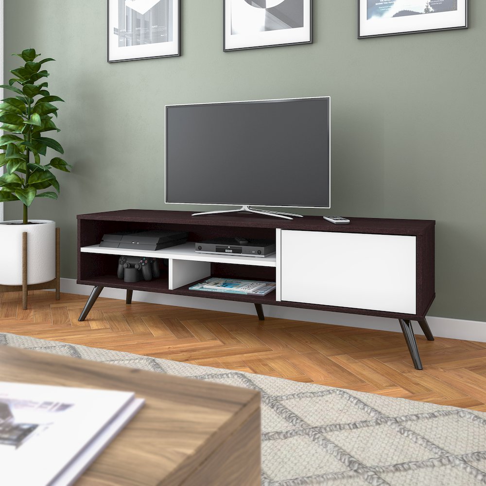 Bestar Krom 54W TV Stand with Metal Legs for 60 inch TV in espresso oak & pure white. Picture 7