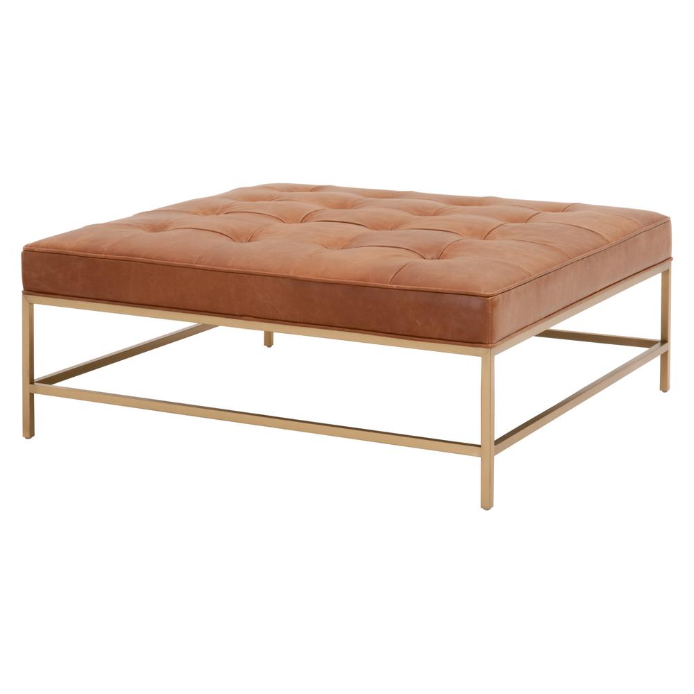 Brule Upholstered Coffee Table, Whiskey Brown Top Grain Leather, Brushed Brass. Picture 2