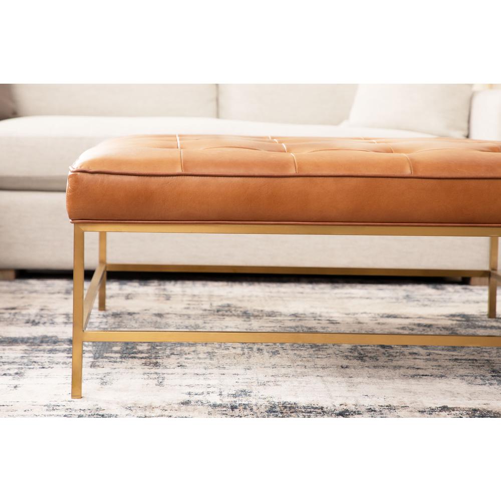 Brule Upholstered Coffee Table, Whiskey Brown Top Grain Leather, Brushed Brass. Picture 9