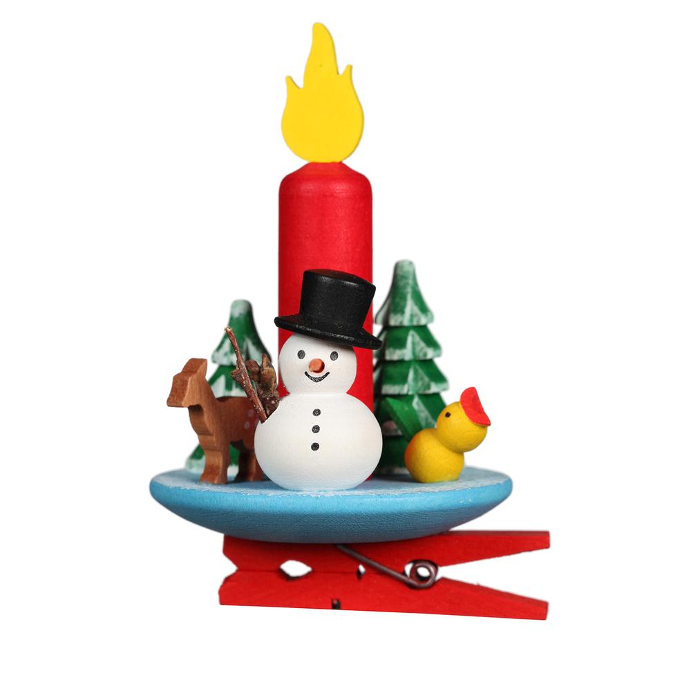 Christian Ulbricht Ornament - Clip on Candle With Snowman - 3.5"H x 2"W x 2"D. The main picture.