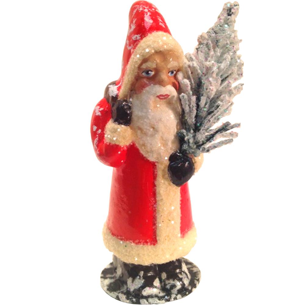 1007 - Schaller Paper Mache Candy Container - Santa Red Coat and Tree - 3.5"H x 1.5"W x 1.25"D. Picture 6