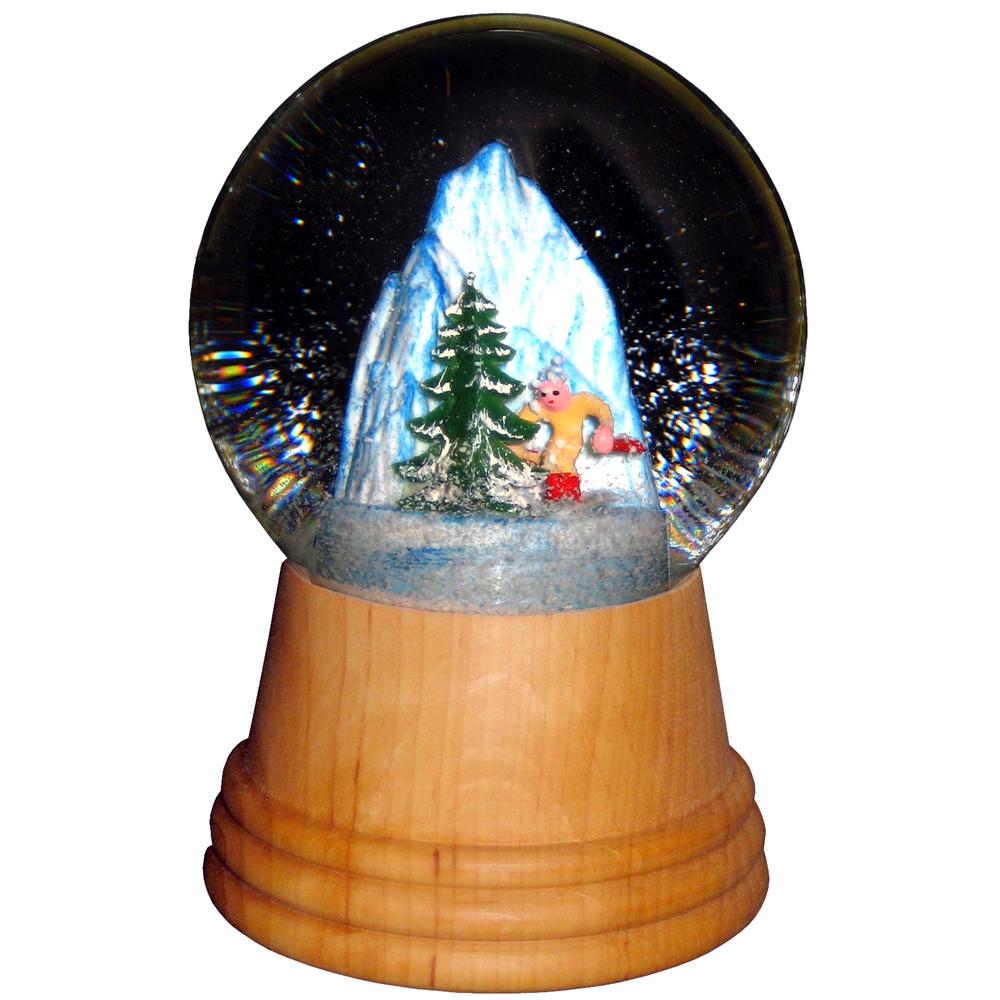 2407 - Perzy Snowglobe - Medium Skier with wooden base - 5"H x 3"W x 3"D. Picture 1