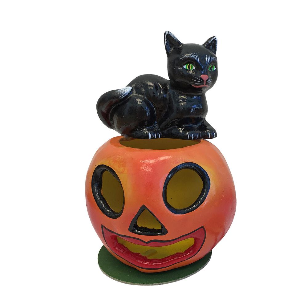 Schaller Paper Mache Candy Container - Cat on Pumpkin - 4.5"H x 2.875"W x 2.875'. Picture 1