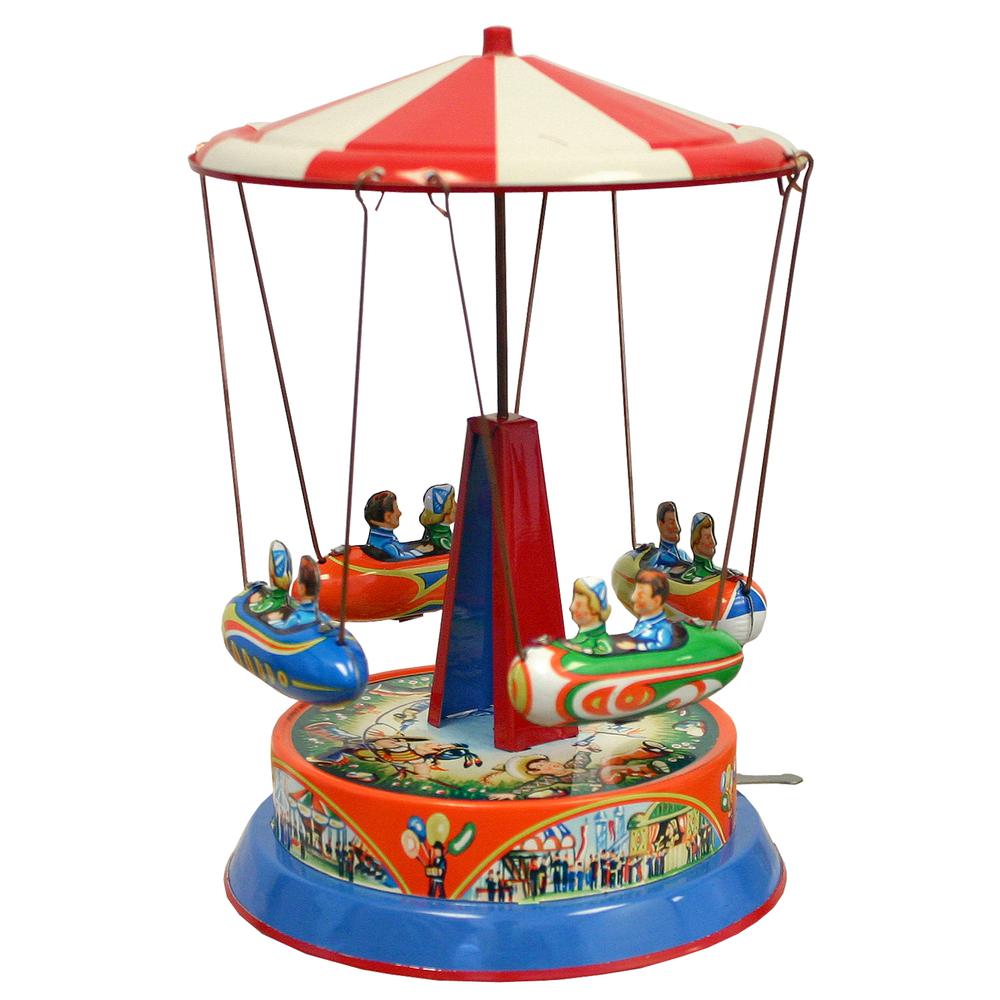 RM540 - German Collectible Tin Toy - Carousel with Rocket Ships on rods - 7.5"H x 5"W x 5"D. Picture 1