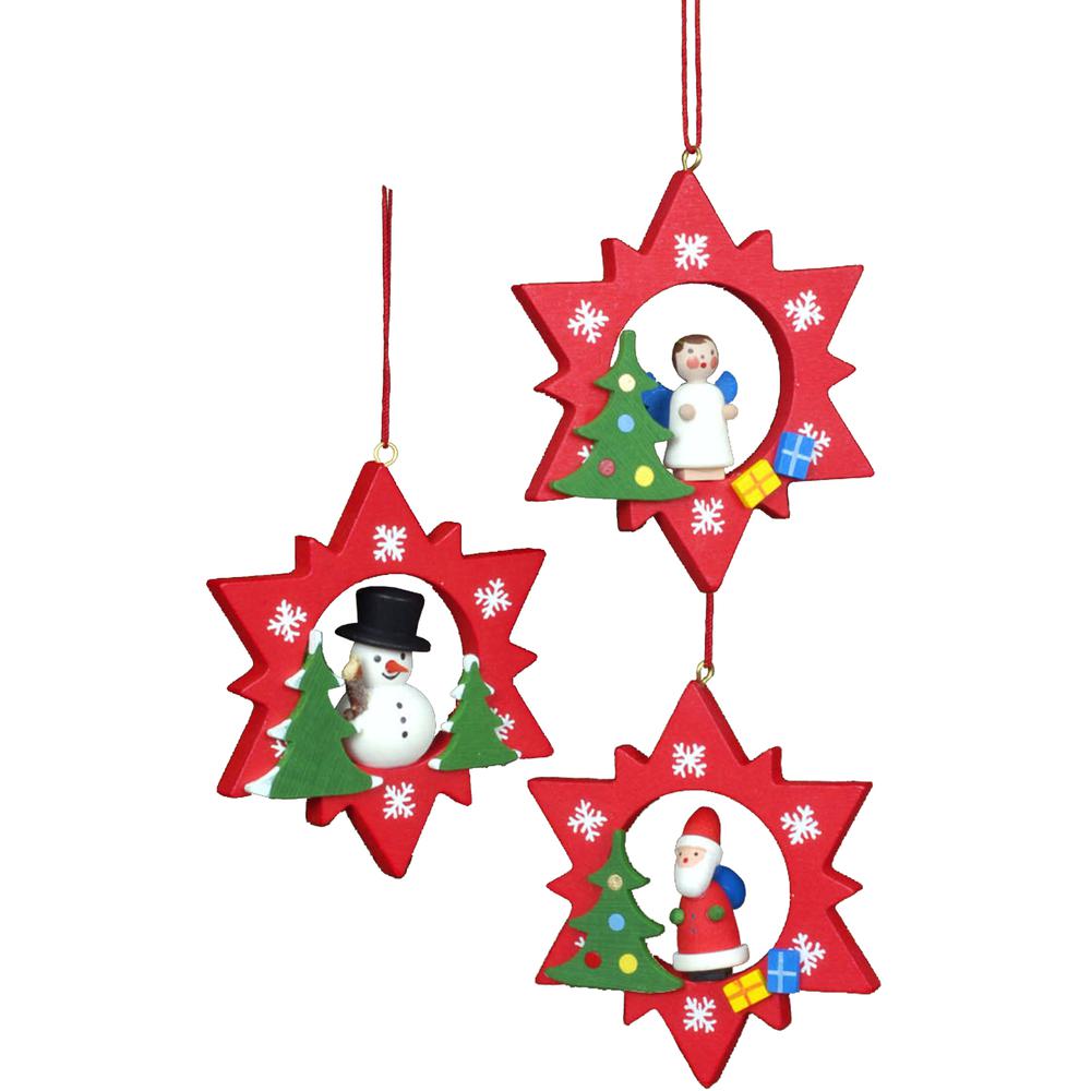 Christian Ulbricht Ornament - Assorted Red Stars with Snowman/Santa/Angel- set 6 - 3"H x 2.5"W x .75"D. Picture 1