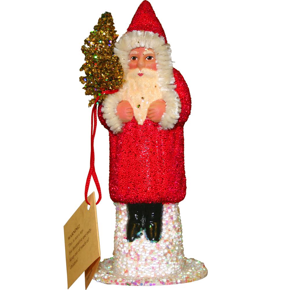 Schaller Paper Mache Candy Container - Beaded Santa Red Coat - 6.5"H x 3"W x 2.5"D. Picture 1