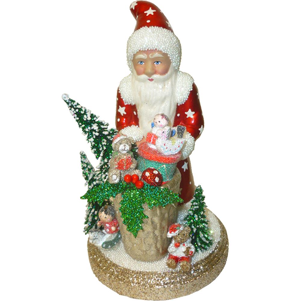 1750 - Schaller Paper Mache Candy Container - Santa Red with Gifts - 8.25"H x 4.75"W x 4.75"D. Picture 1