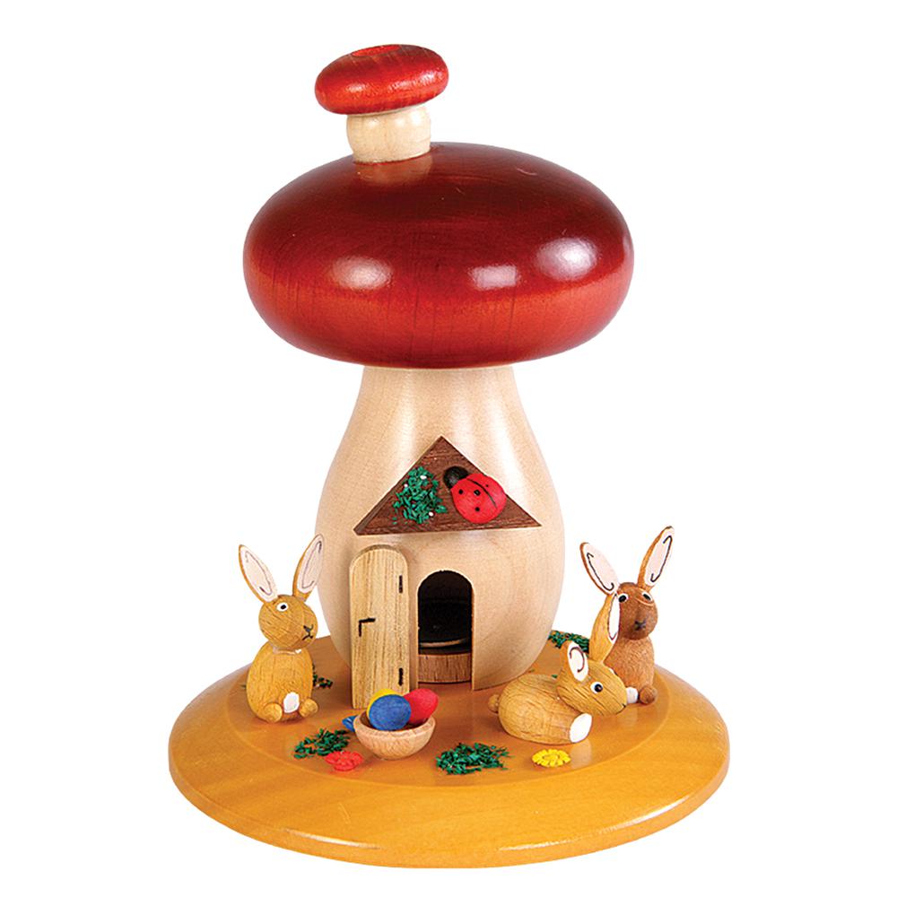 Richard Glaesser Incense Burner - Mushroom with Bunnies - 5"H x 4"W x 4"D. The main picture.