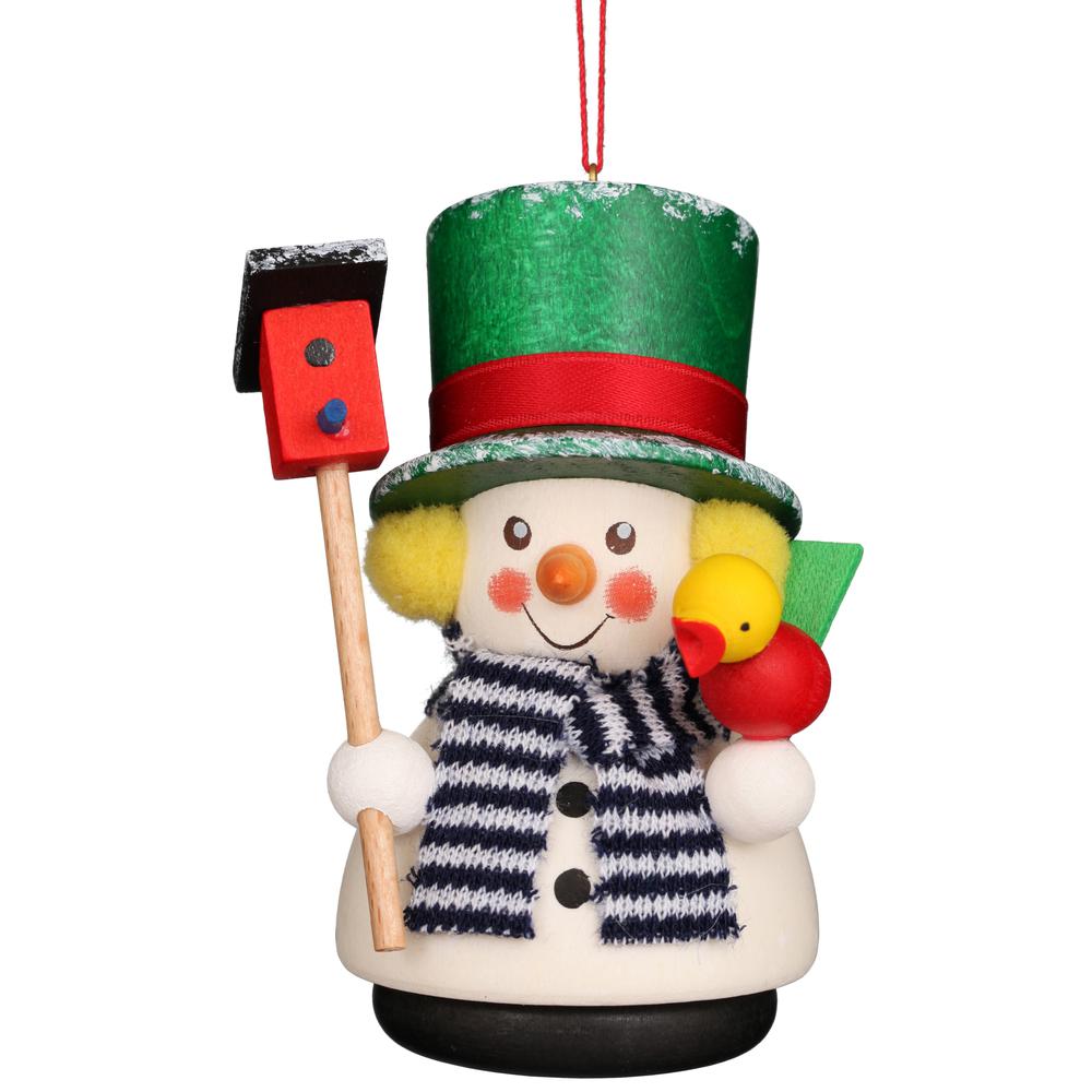 Christian Ulbricht Ornament - Snowman With Bird House - 3.5"H x 2"W x 2"W. Picture 1