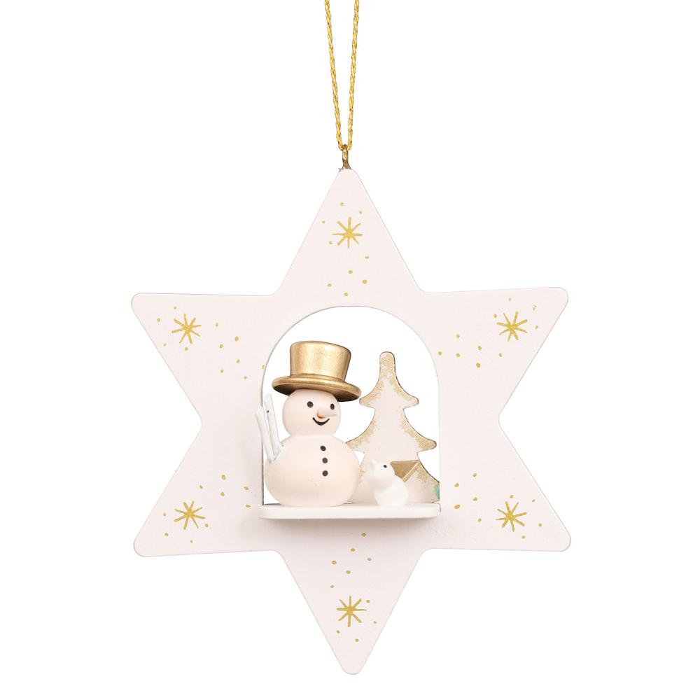 Christian Ulbricht Ornament - White Star With Snowman - 4"H x 3.25"W x 1"D. The main picture.