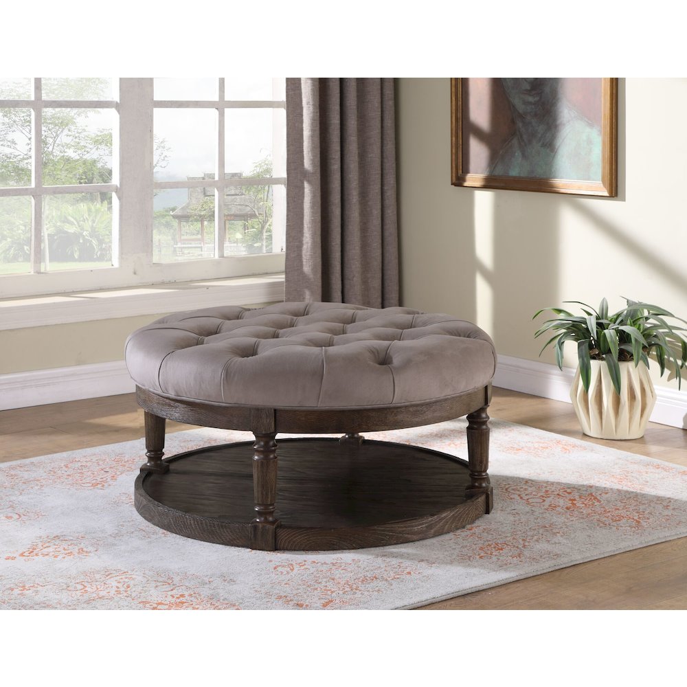 Best Master Linen Fabric Upholstered Round Ottoman in Otter/Smoked Rustic Gray. Picture 1