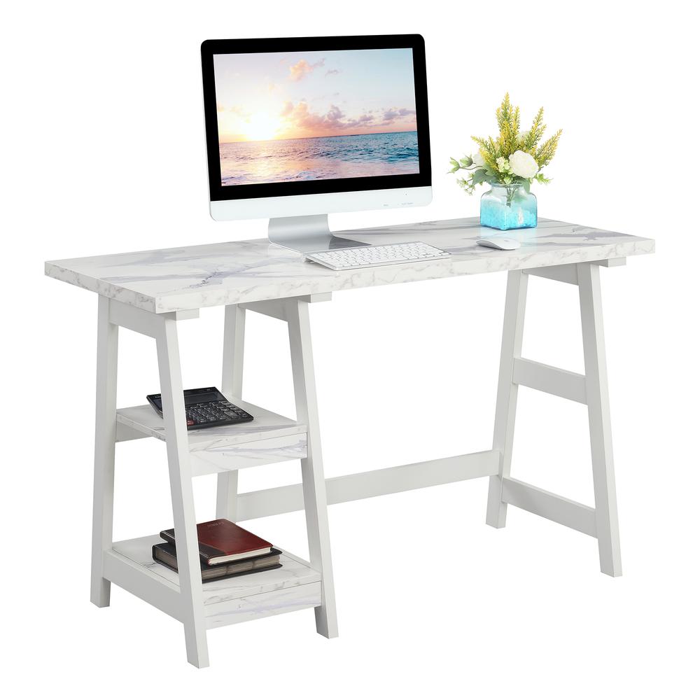 Designs2Go Trestle Desk with Shelves, White Faux Marble/White. The main picture.