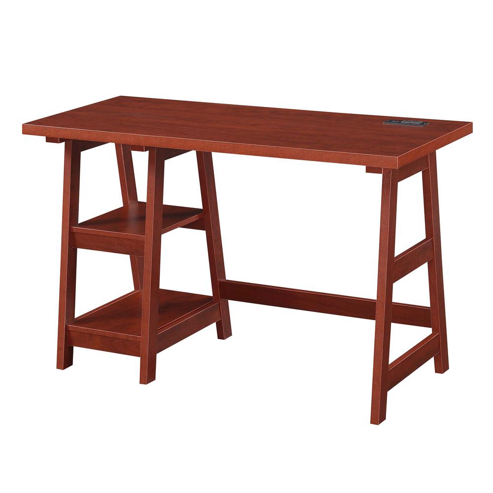 Designs2Go Trestle Desk with Charging Station, Cherry. Picture 1