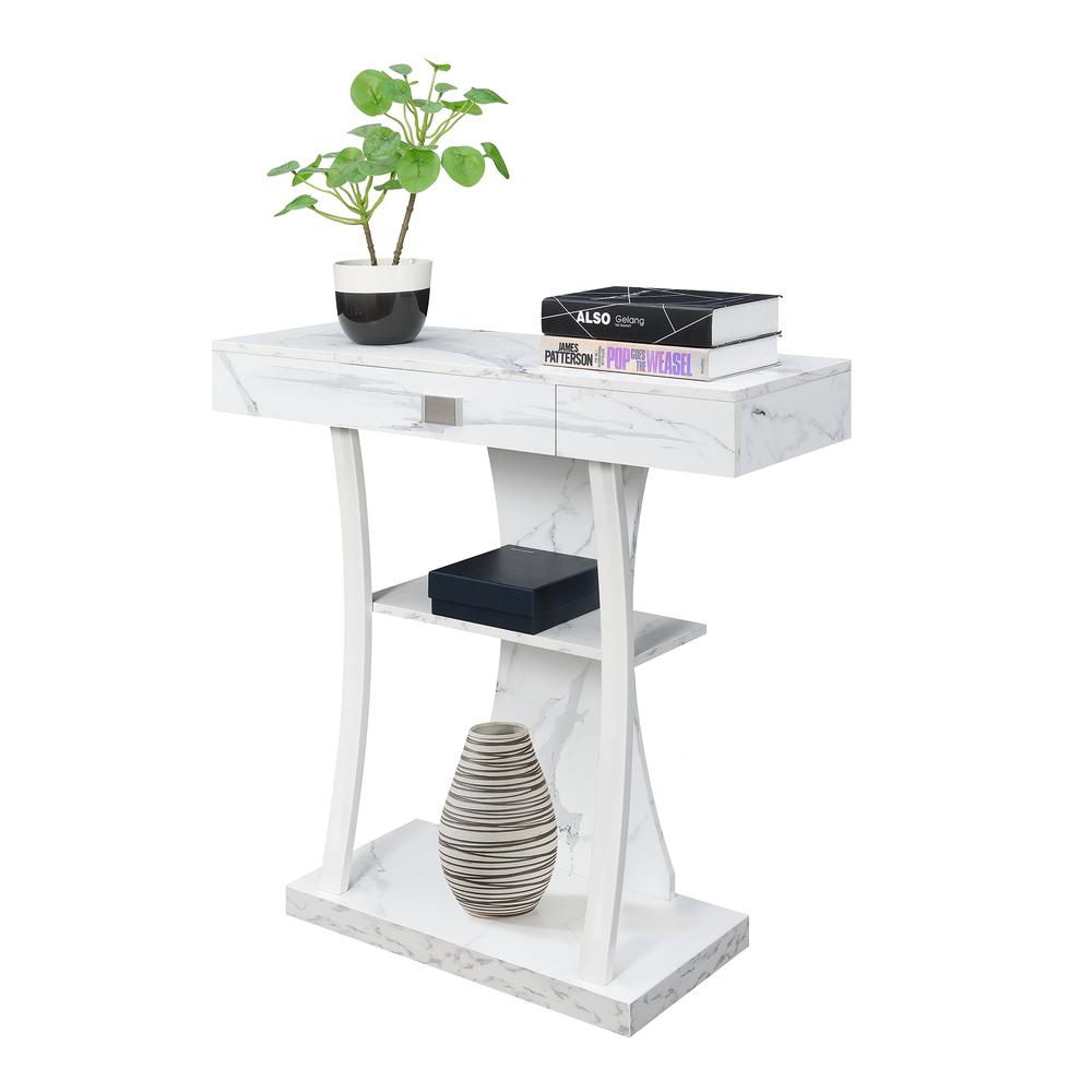 Newport 1 Drawer Harri Console Table with Shelves, White Faux Marble/White Base. Picture 1