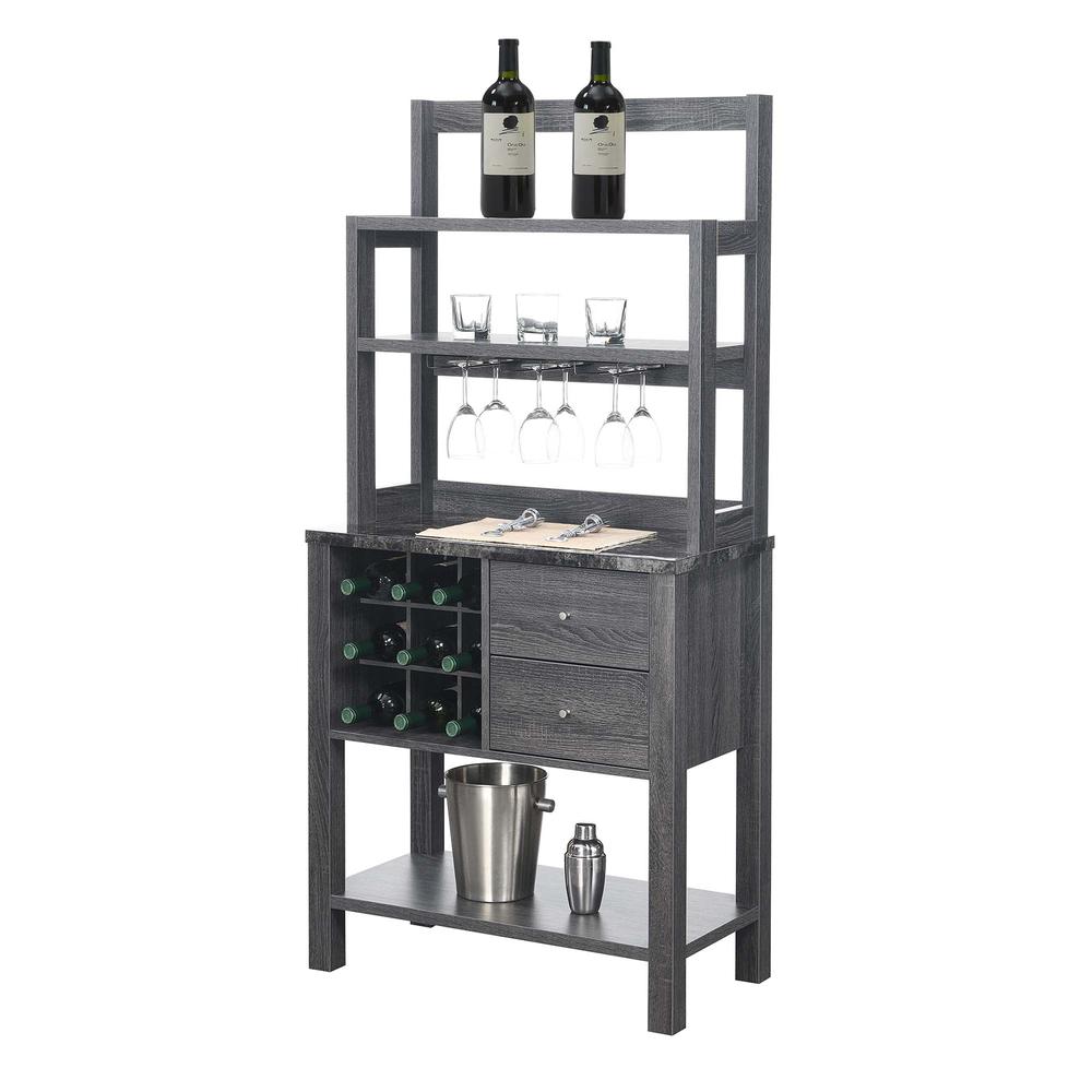 Newport 2 Drawer Serving Bar with Wine Rack and Shelves, Black Faux Marble/Weathered Gy. Picture 1