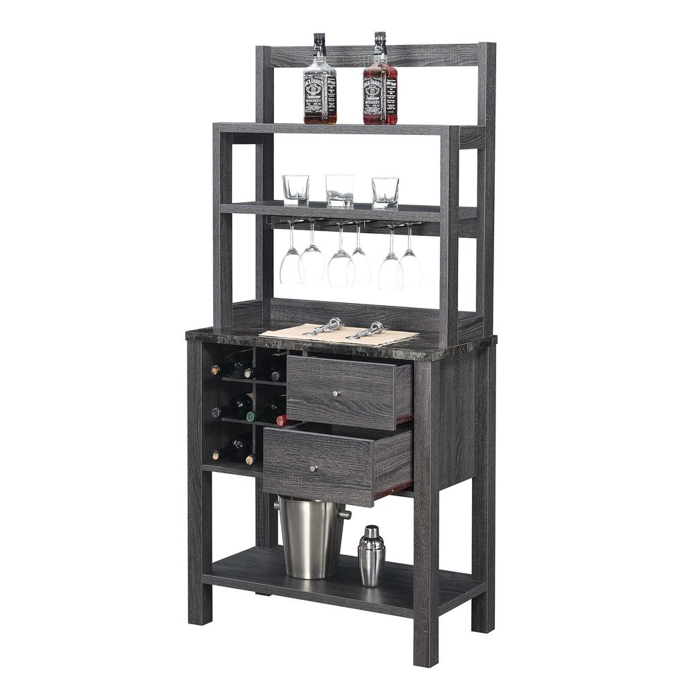 Newport 2 Drawer Serving Bar with Wine Rack and Shelves, Black Faux Marble/Weathered Gy. Picture 2