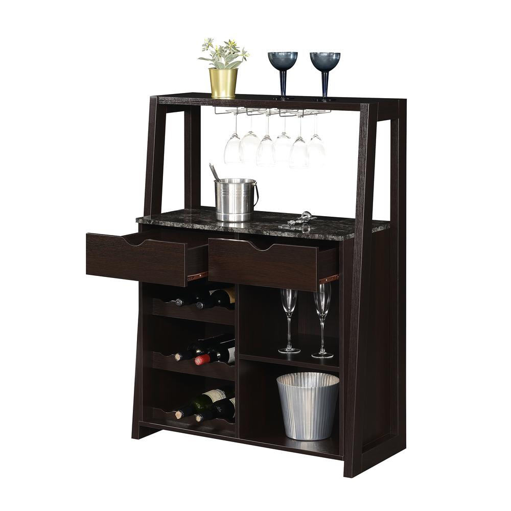 Uptown Wine Bar With Cabinet, Faux Black Marble/Espresso. Picture 2