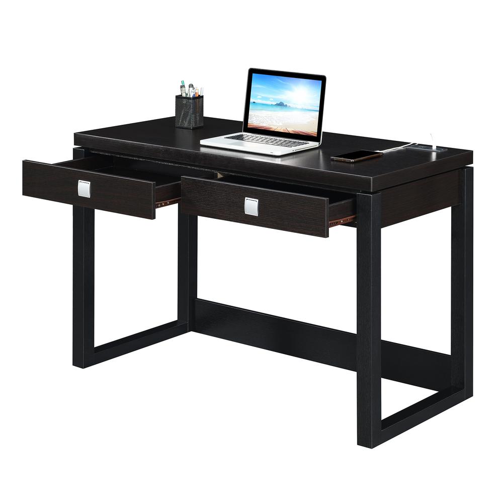 Newport 2 Drawer Desk With Charging Station, Espresso/Black. Picture 2
