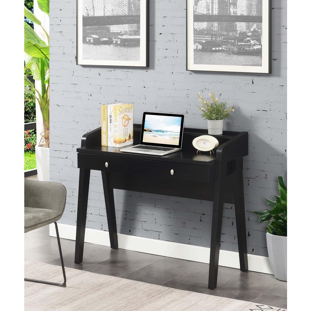 Newport Deluxe 2 Drawer Desk with Shelf, Black. Picture 3